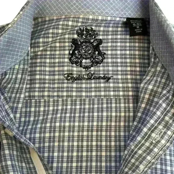 Men’s English Laundry Blue + Cream Plaid Long Sleeve Button Down - Size Medium - Picture 4 of 10